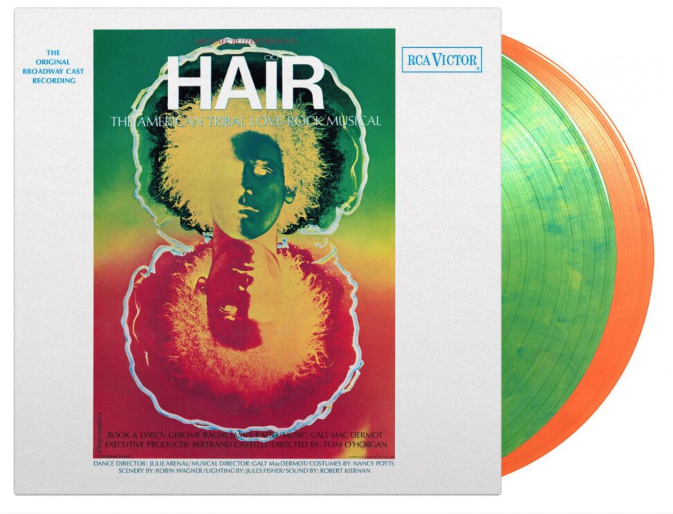 Various – Hair - The American Tribal Love-Rock Musical (The Original Broadway Cast Recording) (Vinyl, LP, Green & Yellow Swirled, Orange & Yellow Swirled, Album, Limited Edition, Numbered, 180 gram, 2021)