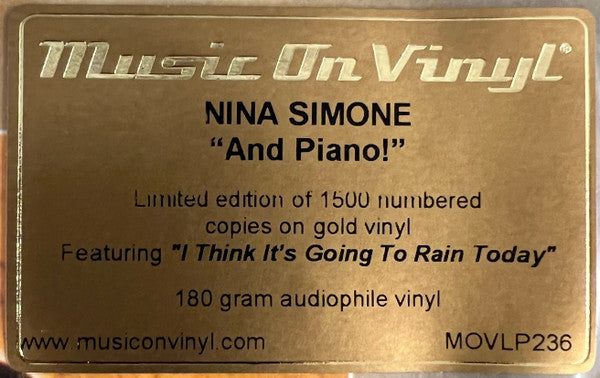 Nina Simone – Nina Simone And Piano! (Vinyl, LP, Album, Limited Edition, Numbered, Reissue, Repress, Gold, 180g, 2020) – photo 5