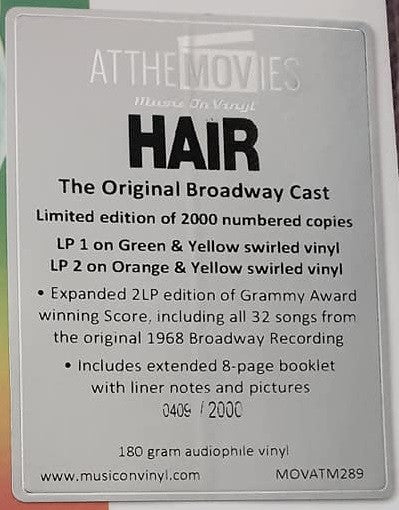 Various – Hair - The American Tribal Love-Rock Musical (The Original Broadway Cast Recording) (Vinyl, LP, Green & Yellow Swirled, Orange & Yellow Swirled, Album, Limited Edition, Numbered, 180 gram, 2021) – photo 2