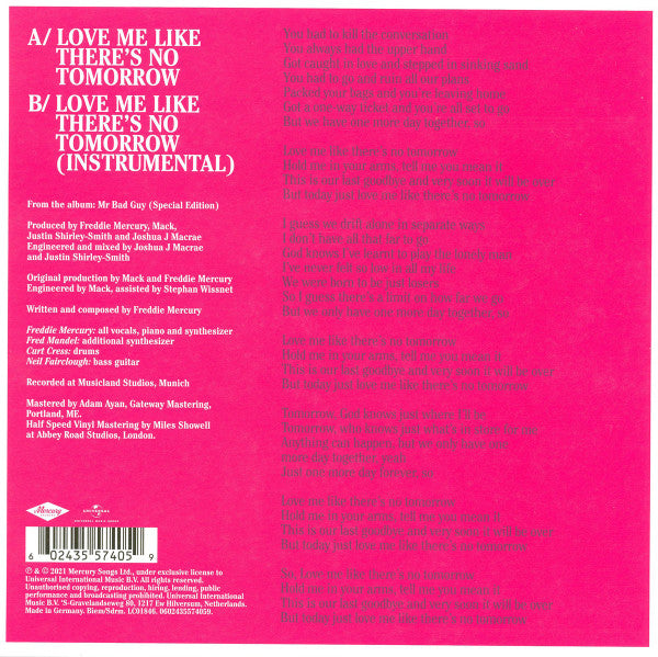 Freddie Mercury – Love Me Like There's No Tomorrow (Vinyl, 7", Record Store Day, Single, Limited Edition, Pink, 2021) – photo 3